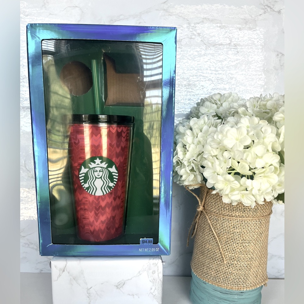 New STARBUCKS red and green 16 oz. Acrylic cold beverage cup with straw.